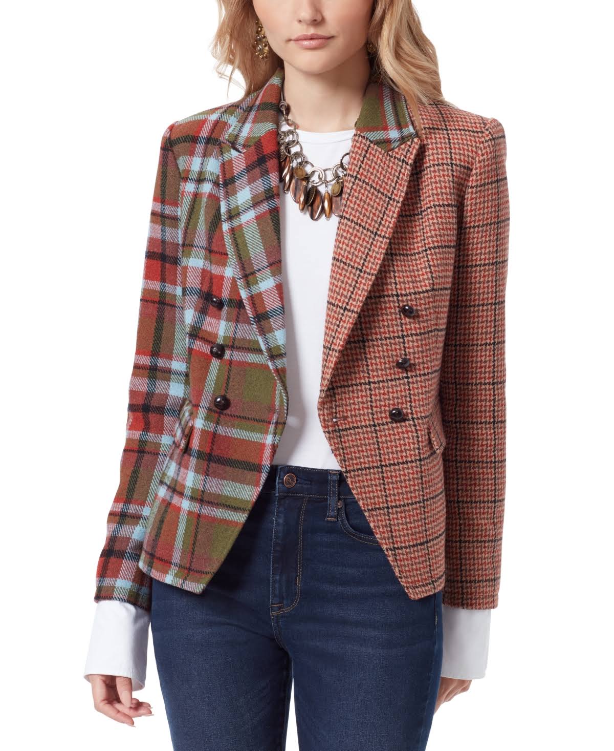Imogen Blocked Plaid Double Breasted Blazer In Patriot Blue - Palace Plaid