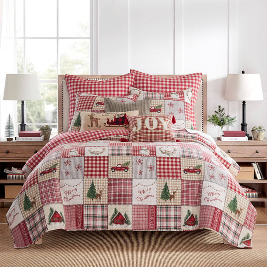 Home Home For Christmas Quilt Set - Cotton Twin/Twin Xl / Red