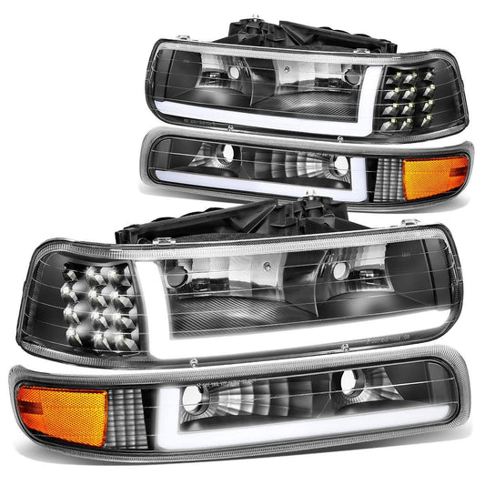 Hl-Lb-Csil99-Bk-Am For 1999 To 2002 Chevy Silverado 2000 To 2006 Suburban 1500 2500 Tahoe Led Drl Headlight Bumper Signal Lamps Black/Amb