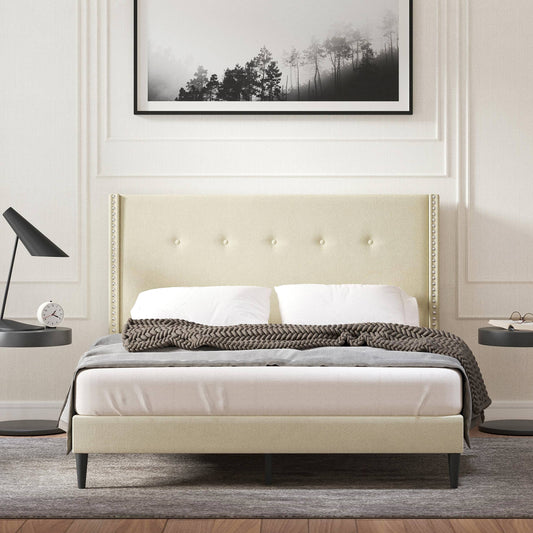 Home Upholstered Platform Bed Frame Queen Mcm Beige