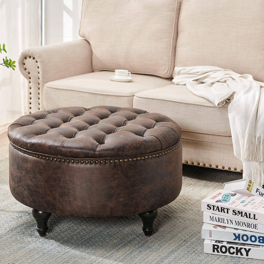 Home Upholstered 30" Round Storage Vegan Leather Ottoman, Leather Butt