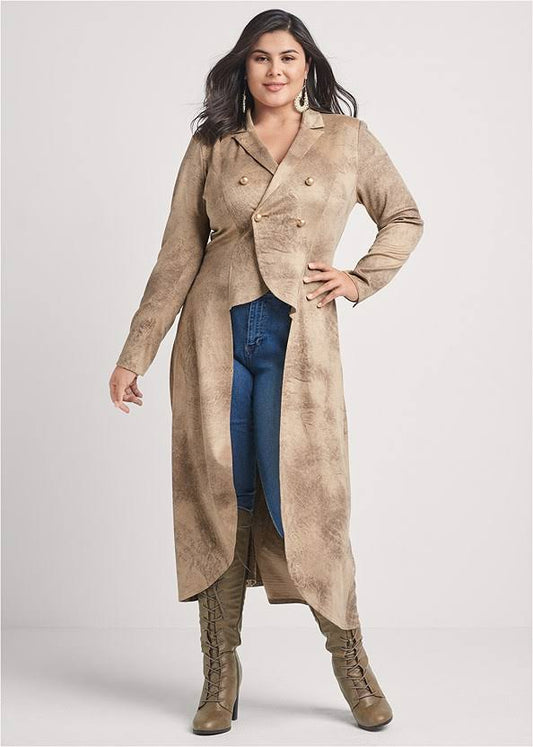 High-Low Faux-Suede Blazer Jackets - Brown Multi, Size M By