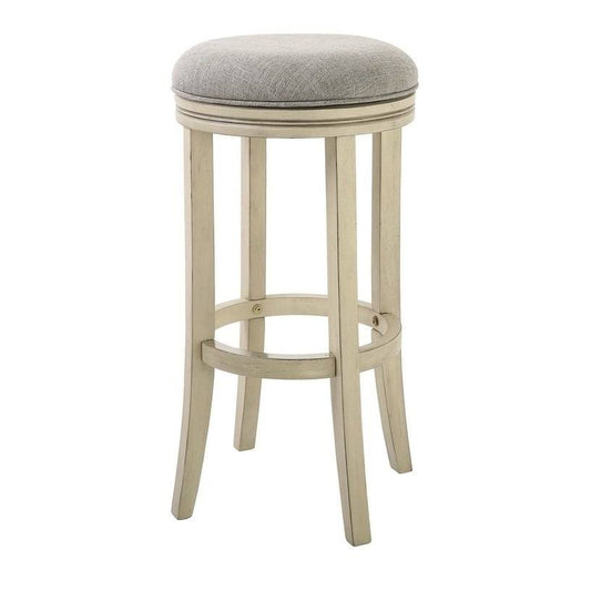 Home Victoria 30 Inch Bar Height Swivel Stool In Distressed Ivory Finish And Paradigm Quartz Fabric