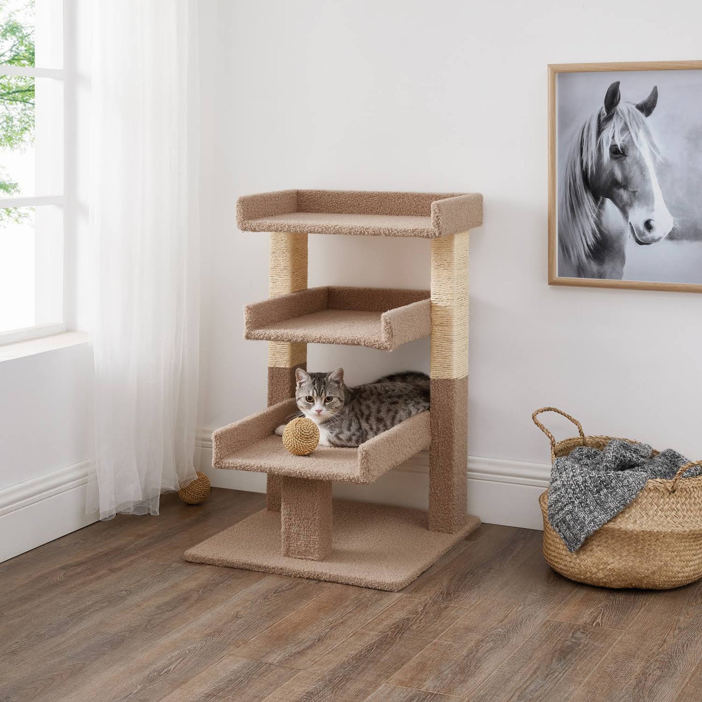 Home Nala Triple Cat Tree, Multi-Level Kitten Tower Play House Activity Center, Tree House Furniture For Indoor Cats Beige
