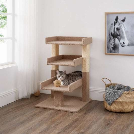 Home Nala Triple Cat Tree, Multi-Level Kitten Tower Play House Activity Center, Tree House Furniture For Indoor Cats Beige