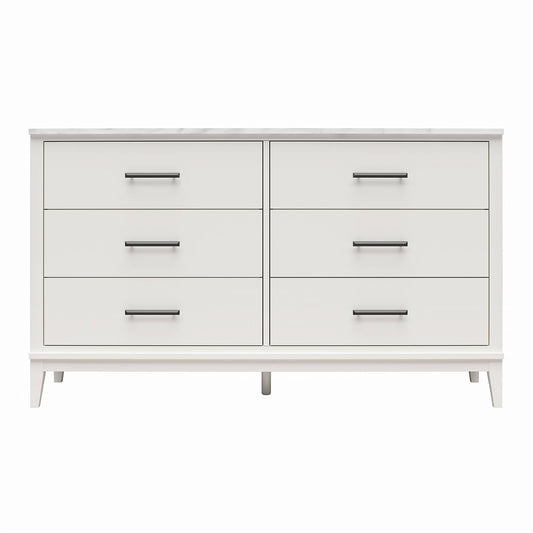 Home Lynnhaven Wide 6 Drawer Dresser In White W/ White Marble Top