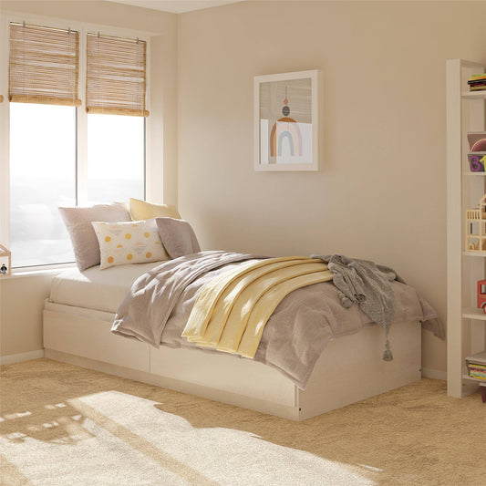 Home Twin Platform Bed With Drawers, Ivory Oak