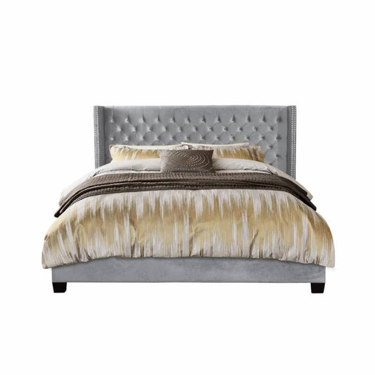 Home Aliyah Velvet Upholstered Wingback Tufted Platform Bed Silver, Size: Queen