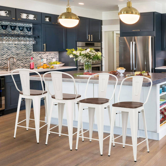 Home 30" High Back Barstools Metal Stool With Wooden Seat [Set Of 4] Counter Height Bar Stools, Matte Black