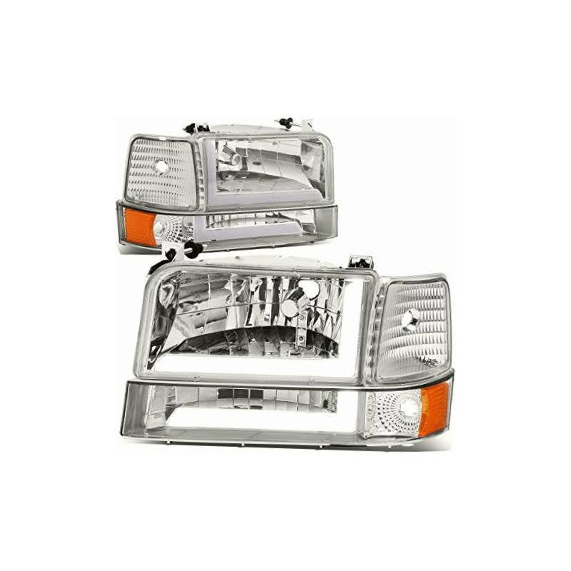 Hl-Lb-F15092-6p-Ch-Am For 1992 To 1996 Ford F150 F250 F350 Bronco 6pcs Led Tube Drl Headlight Bumper Lamps Chrome Amber, Silver