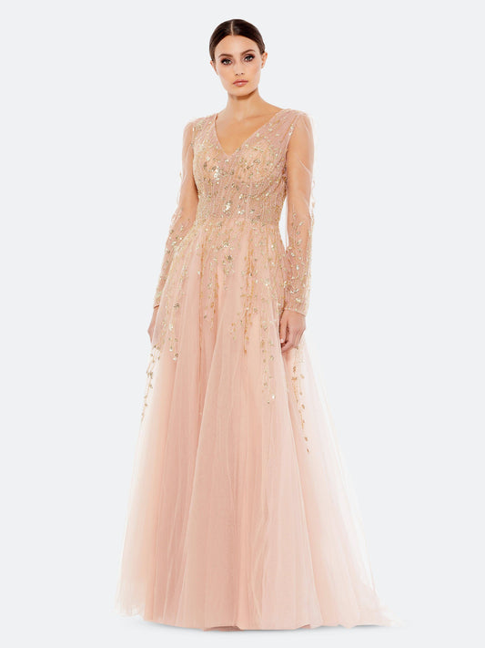 Illusion Long Sleeve Beaded Gown - Platinum (Grey) - 4