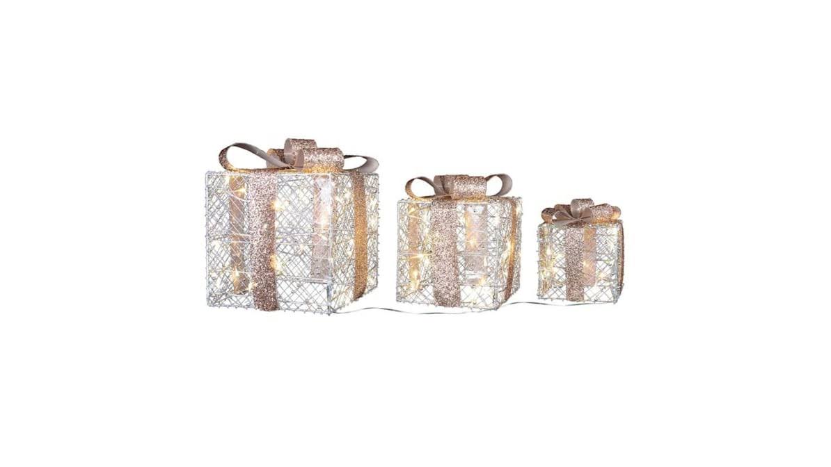 Home Set Of 3 Outdoor Pre-Lit Led Clear Lights Champagne 15" Gift Boxes