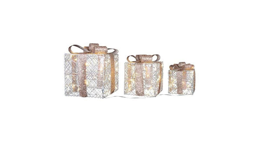 Home Set Of 3 Outdoor Pre-Lit Led Clear Lights Champagne 15" Gift Boxes