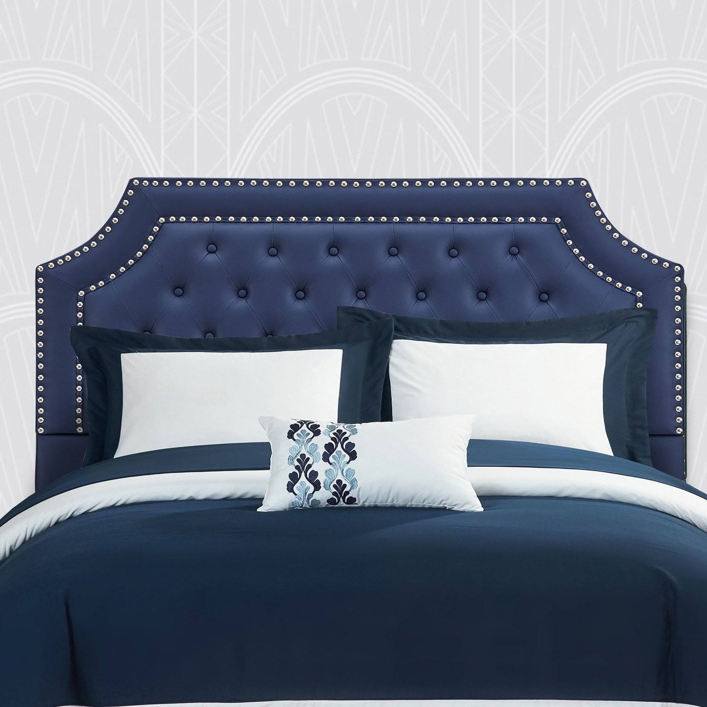 Home Malone Tufted Faux Leather Headboard For Bed Navy Queen