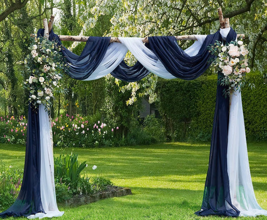 Home Designs Wedding Arch Draping Fabric Bundle Has 2 216 Inch (18 Feet) Scarves In White & Navy Blue For Wedding Ceremony, Reception, Photo