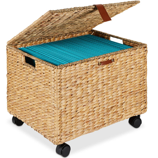 Hyacinth Rolling Filing Cabinet Mobile Organizer Storage Basket W/ Lid, Locking Wheels - Natural