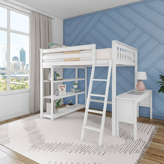 High Loft Bed With Bookcase And Desk - White | Max & Lily