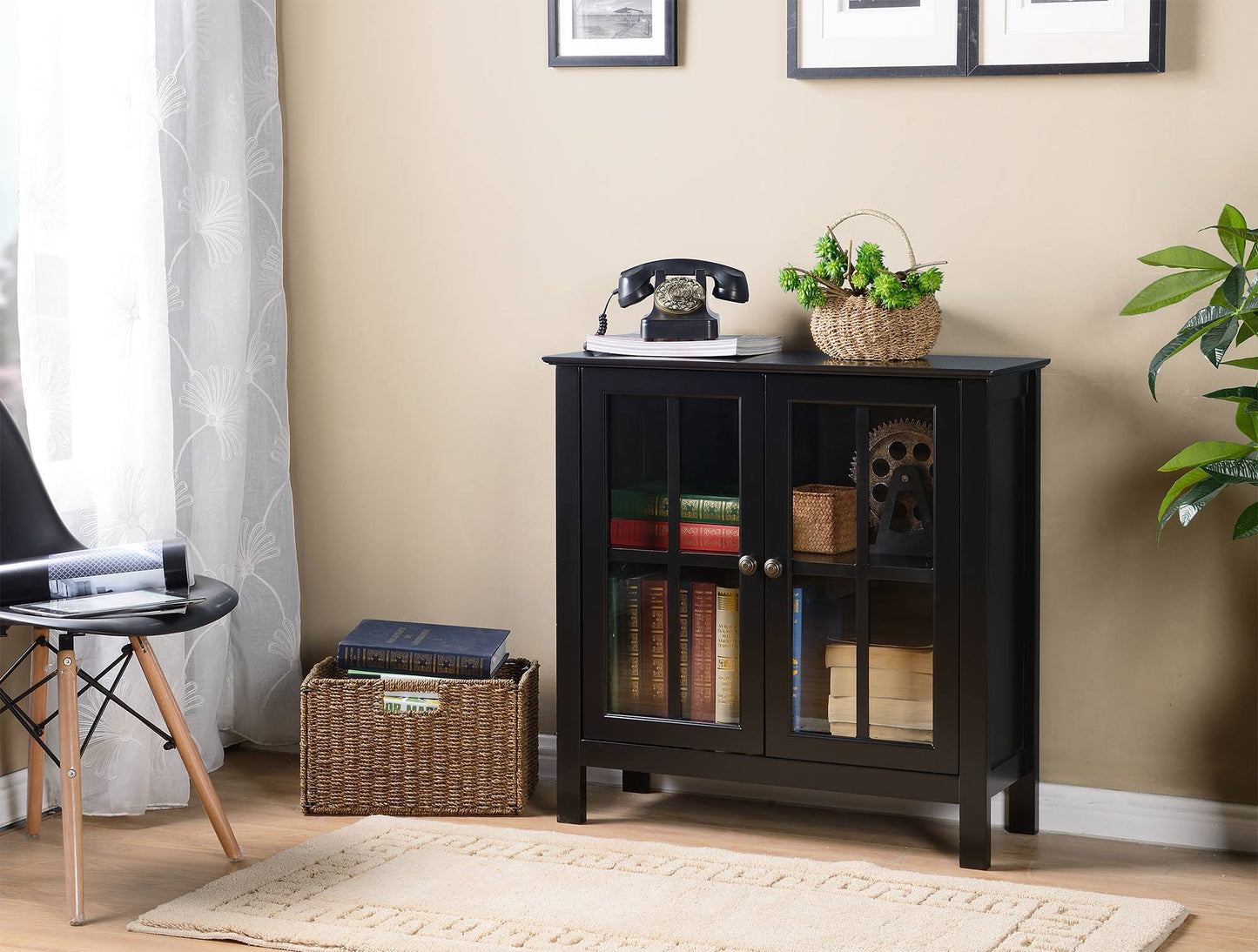 Home & Office Furniture Glass 2 Door Accent Cabinet; Black