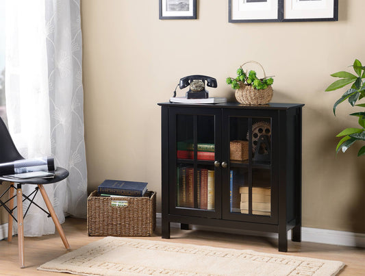 Home & Office Furniture Glass 2 Door Accent Cabinet; Black