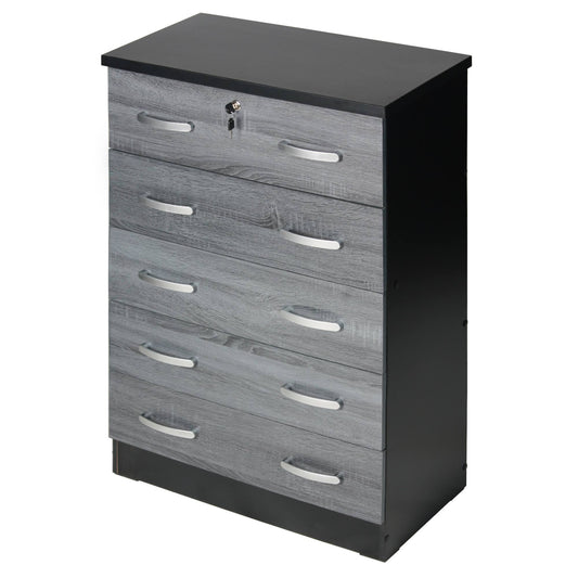 Home Products Cindy 5 Drawer Chest Wooden Dresser With Lock In Ebony