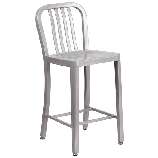 High Metal Indoor-Outdoor Metal Counter Chair, Silver