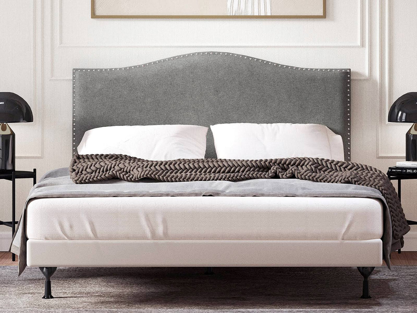 Home Kameli Nailhead-Trim Camelback Upholstered Headboard, Stone, King/California King