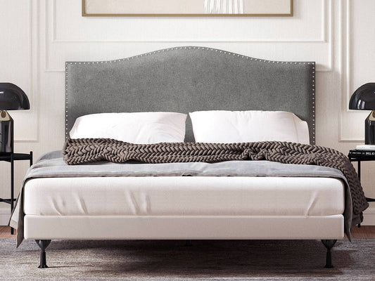 Home Kameli Nailhead-Trim Camelback Upholstered Headboard, Stone, King/California King