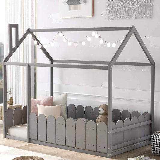 House Bed Twin Size Kids Bed Frame With Roof And Fence, Box Spring Needed