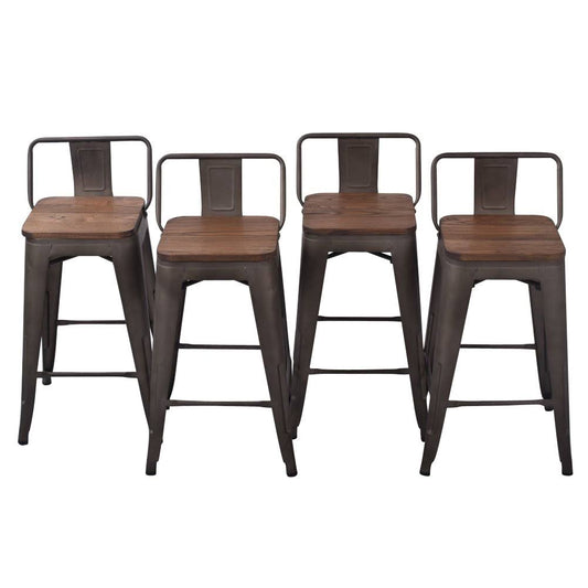 Home 24" Low Back Metal Counter Stool Height Bar Stools With Wooden Seat [Set Of 4] For Indoor/Outdoor Barstools