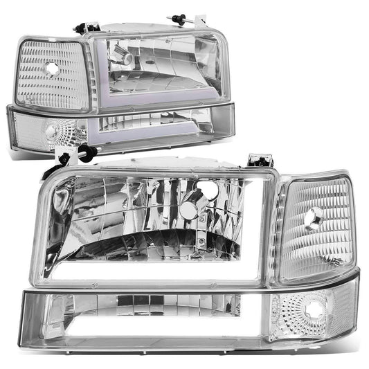 Hl-Lb-F15092-6p-Ch-Cl1 For 1992 To 1996 Ford F150 F250 F350 Bronco 6pcs Led Tube Drl Headlight+Corner/Side Marker Lamps Chrome/Clear 5