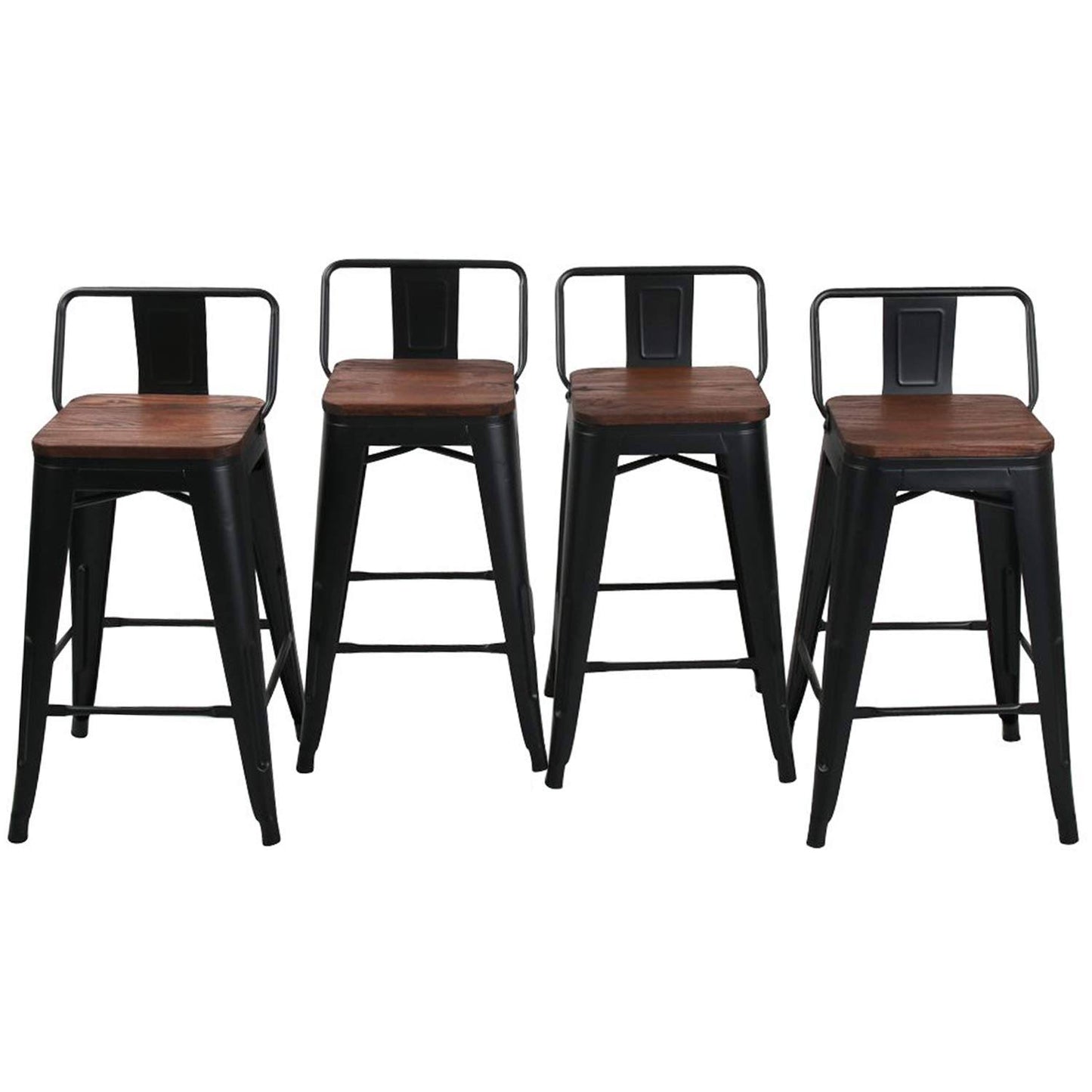 Home 24" Low Back Metal Counter Stool Height Bar Stools With Wooden Seat [Set Of 4] Barstools, Matte Black