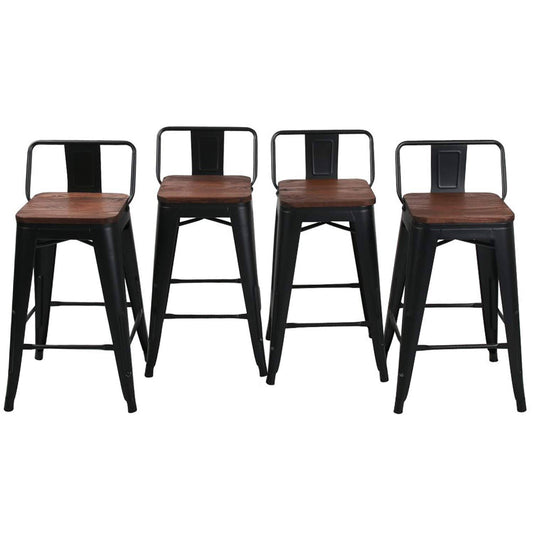 Home 24" Low Back Metal Counter Stool Height Bar Stools With Wooden Seat [Set Of 4] Barstools, Matte Black