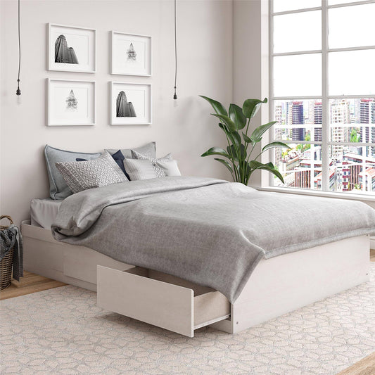 Home Full Platform Bed With Drawers, Ivory Oak