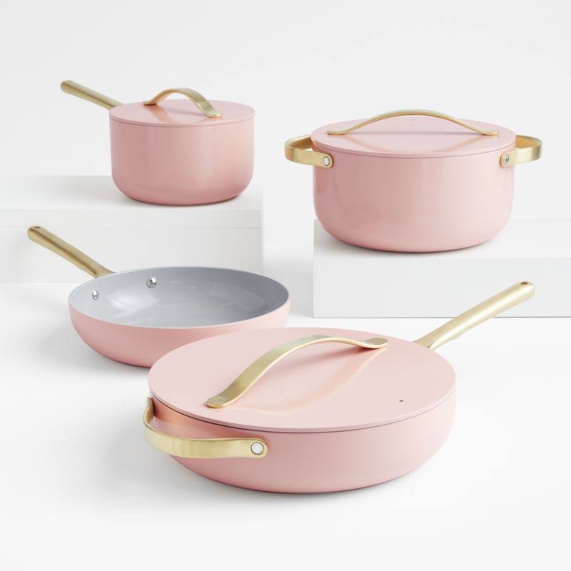 Home 7-Piece Rose Quartz Ceramic Non-Stick Cookware Set With Gold Hardware