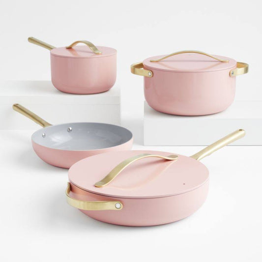 Home 7-Piece Rose Quartz Ceramic Non-Stick Cookware Set With Gold Hardware