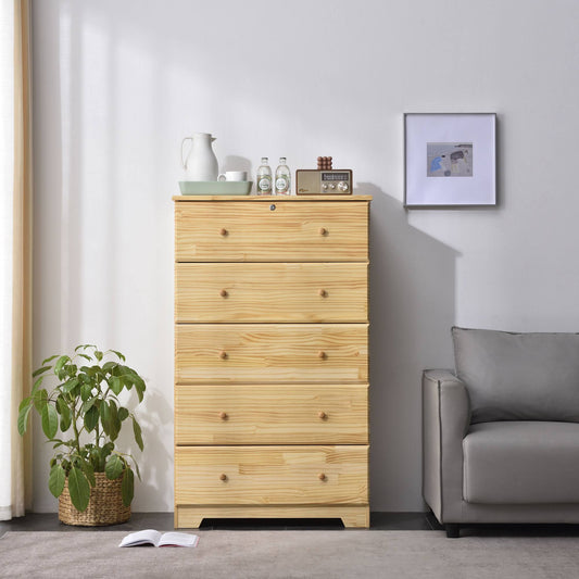 Home Products Isabela Solid Pine Wood 5 Drawer Chest Dresser In Natural