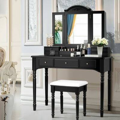 Home Co Bowdon Vanity Set With Stool And Mirror Color: Black