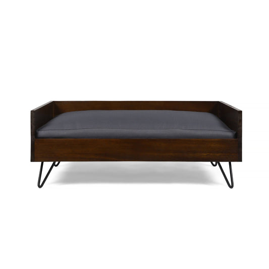 House Brooklynn Mid Century Modern Ped Bed With Acacia Wood Frame, Dark Oak And Dark Gray