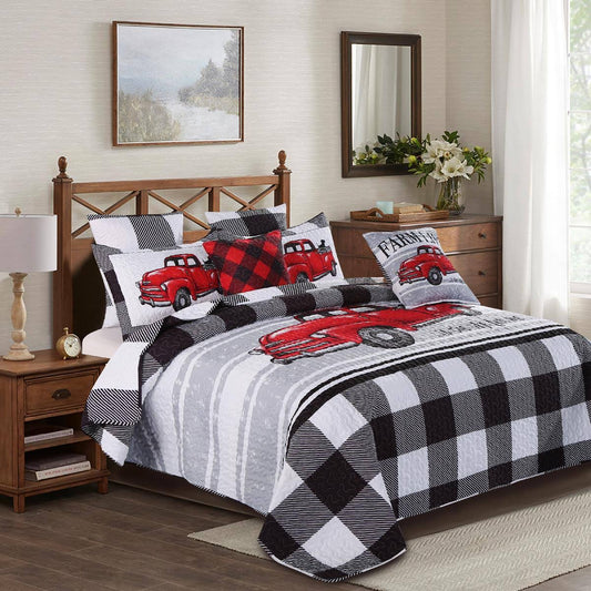 Home Pictorial Farm Life Black & White Plaid Full/Queen Quilt Set