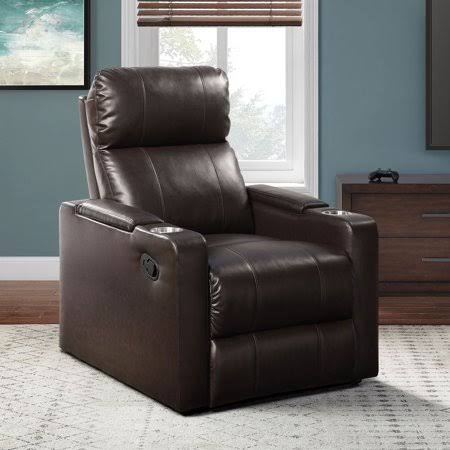 Home Theater Recliner With Usb Charging Ports And In-Arm Storage, Brown Faux Leather