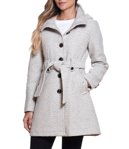 Hooded Wool-Blend Walker Coat, Size: Small, Beige