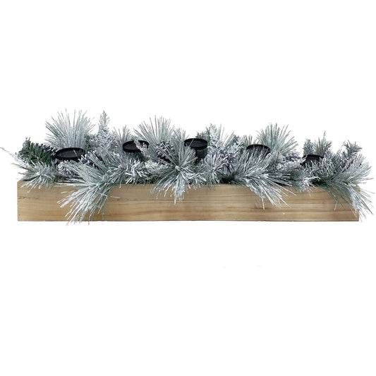 Hill Farm 42-In 5-Candle Holder W/ Frosted Branches, Red Berries And Pinecones In Wooden Box