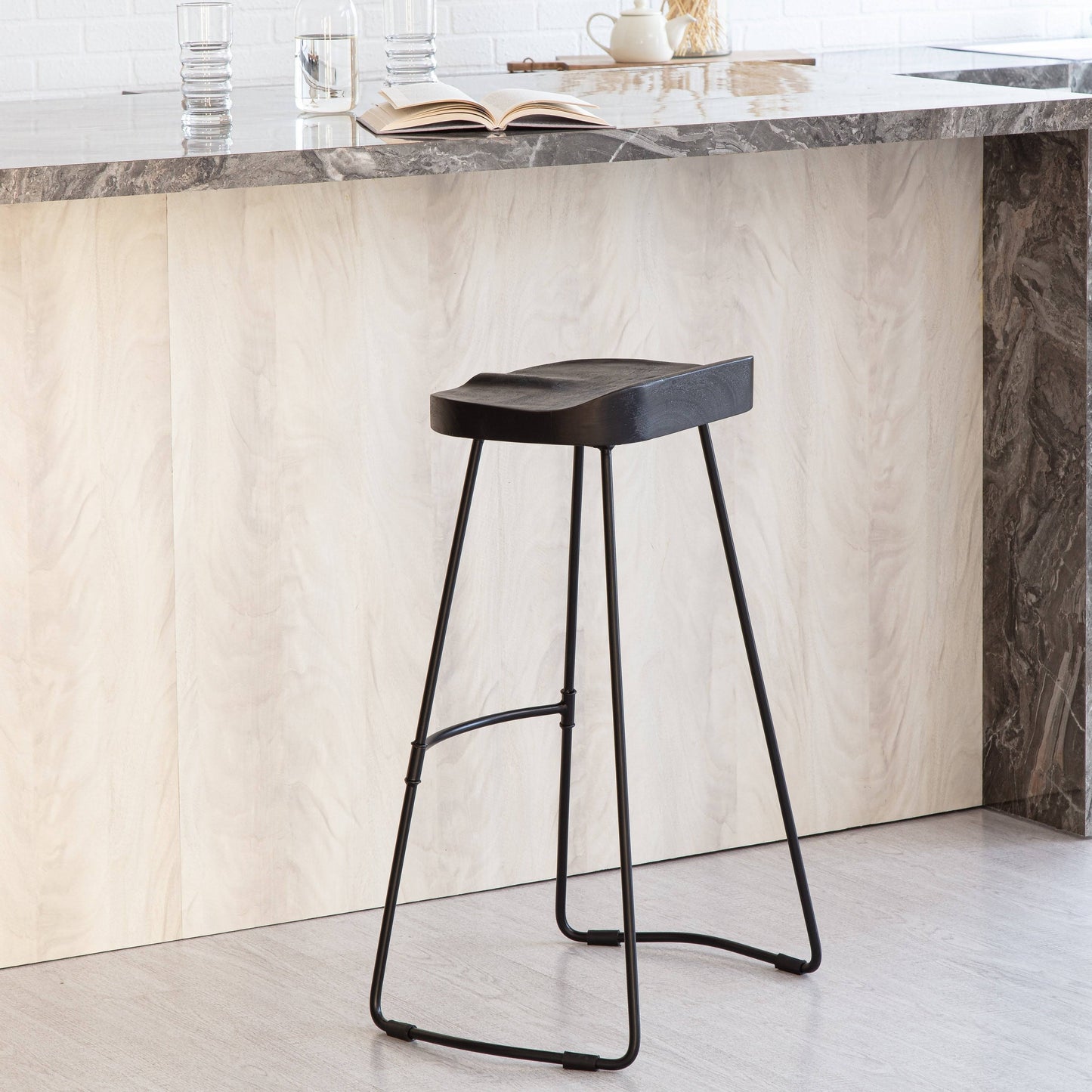 Home Romboss Handmade Mango Wood Saddle Seat Bar Stool - 20" X 14.25" X 30" - Single - Black - Bar Height