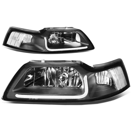 Hl-Lb-Fm99-Bk-Cl1 For 1999 To 2004 Ford Mustang Led Daytime Running Light Bar Headlight Black Housing Clear Corner Headlamp 00 01 02 03