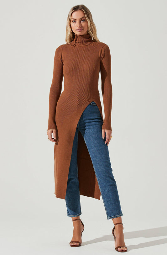 High Slit Turtleneck Sweater In Camel
