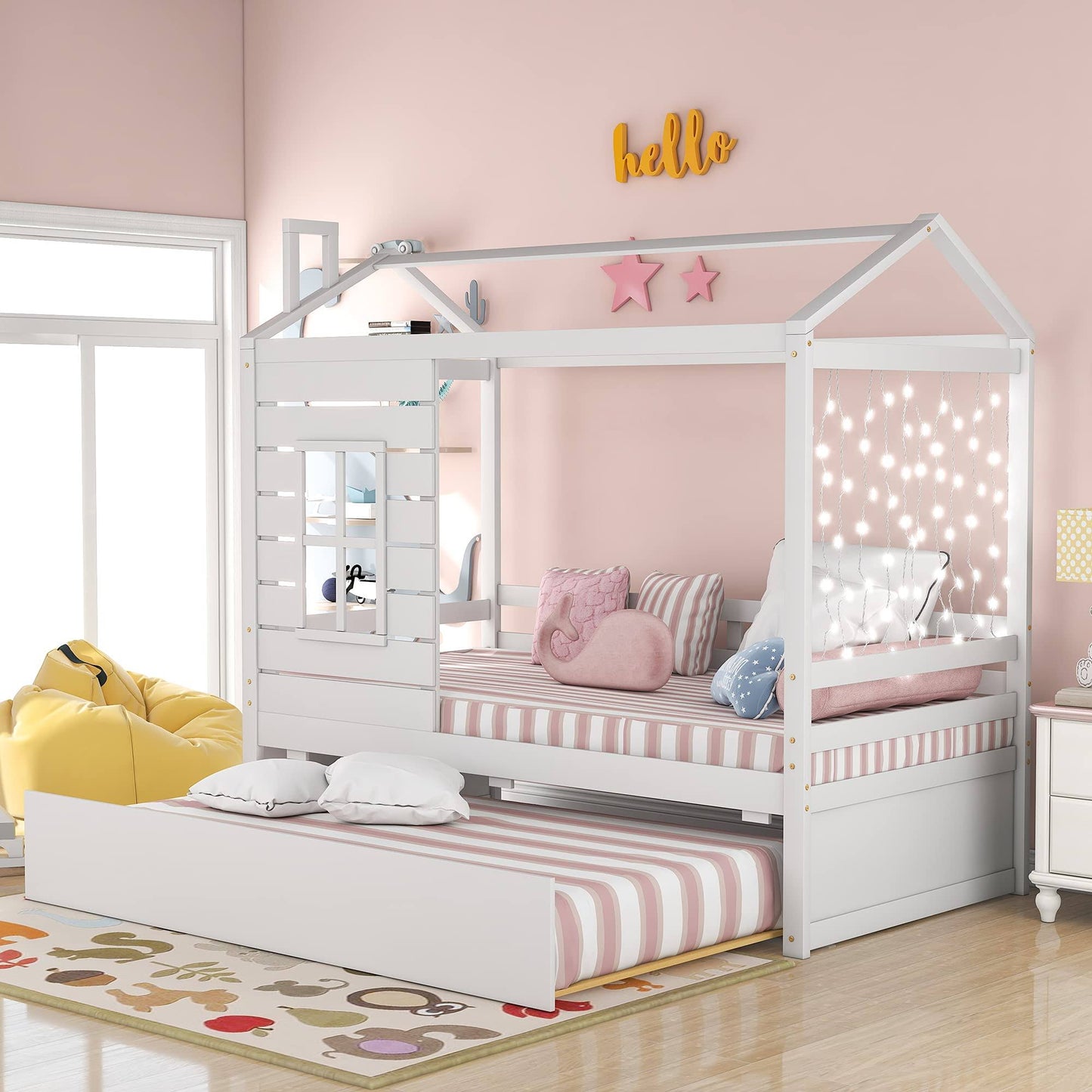 House Bed With Trundle, Window And Roof, Twin Size Wood Bunk Bed Daybed Can Be Decorated For Girls, Boys (White)