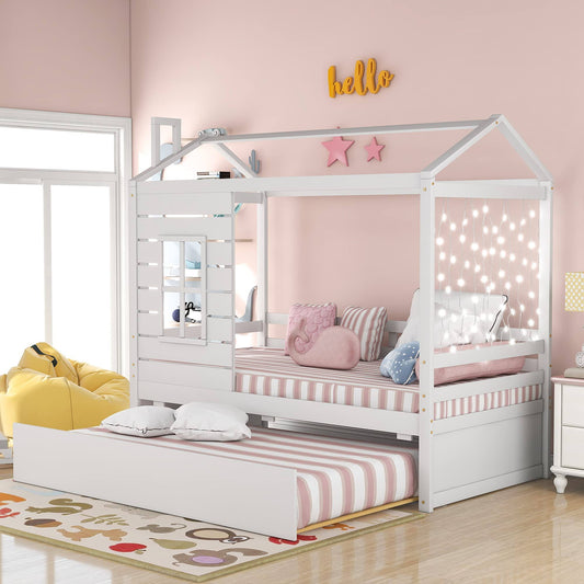House Bed With Trundle, Window And Roof, Twin Size Wood Bunk Bed Daybed Can Be Decorated For Girls, Boys (White)