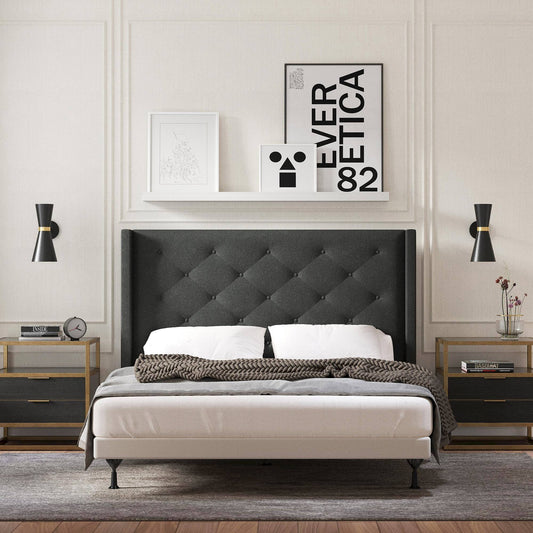 Home Button Tufted Wingback Upholstered Headboard | Full/Queen | Huppe | Gray