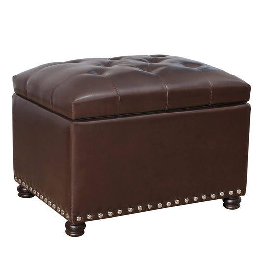 Home Leather Storage Ottoman Foot Rest Stool With Nailhead Trim (Dark Brown)