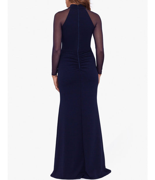 Illusion Mesh Long Sleeve Scuba Column Gown In Navy